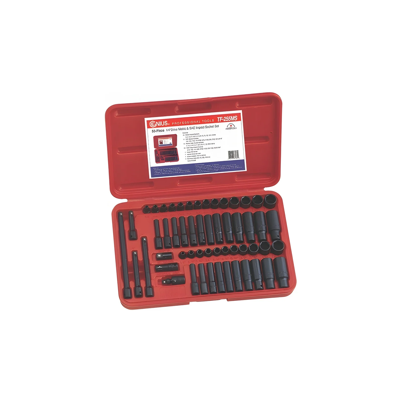 Genius TF-255MS MET and SAE impact socket set (55 pieces) 1/4" Dr.