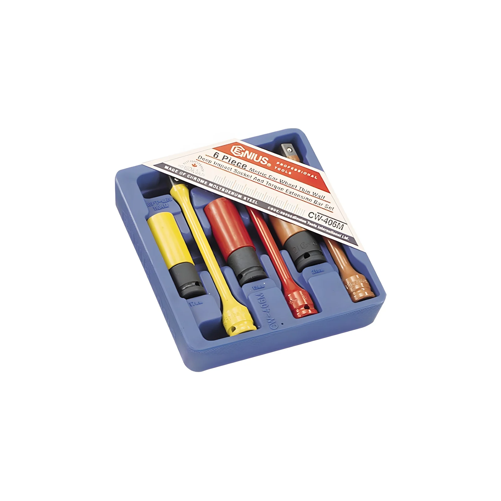Genius CW-406M car wheel and Extension Bar thin wall deep impact socket Set (6 pieces) 1/2" Dr.
