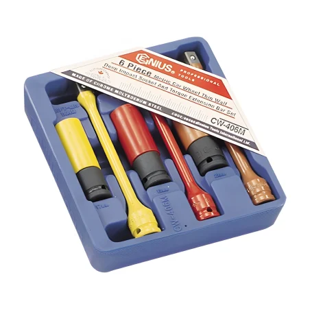 Genius CW-406M car wheel and Extension Bar thin wall deep impact socket Set (6 pieces) 1/2" Dr.
