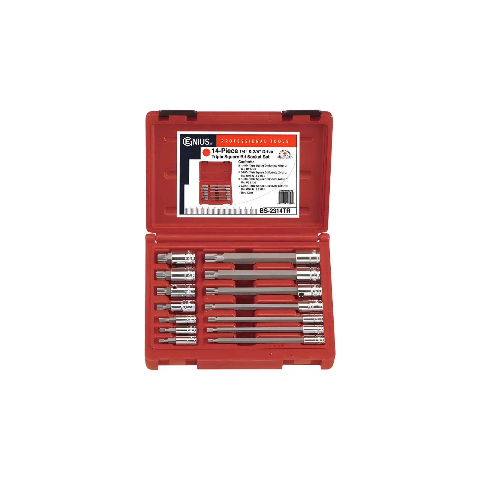Genius BS-2314TR Triple Square Socket and Bit Set (14 pieces) 1/4" and 3/8" Dr.