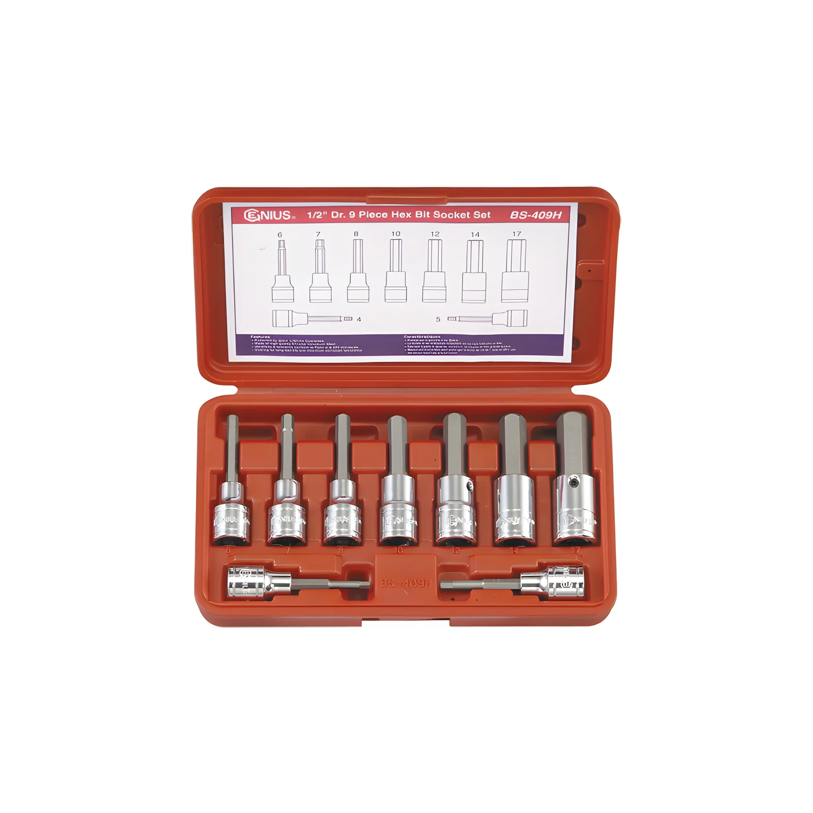 Genius BS-409H MET Hex Socket and Bit Set (8 pieces) 1/2" Dr.
