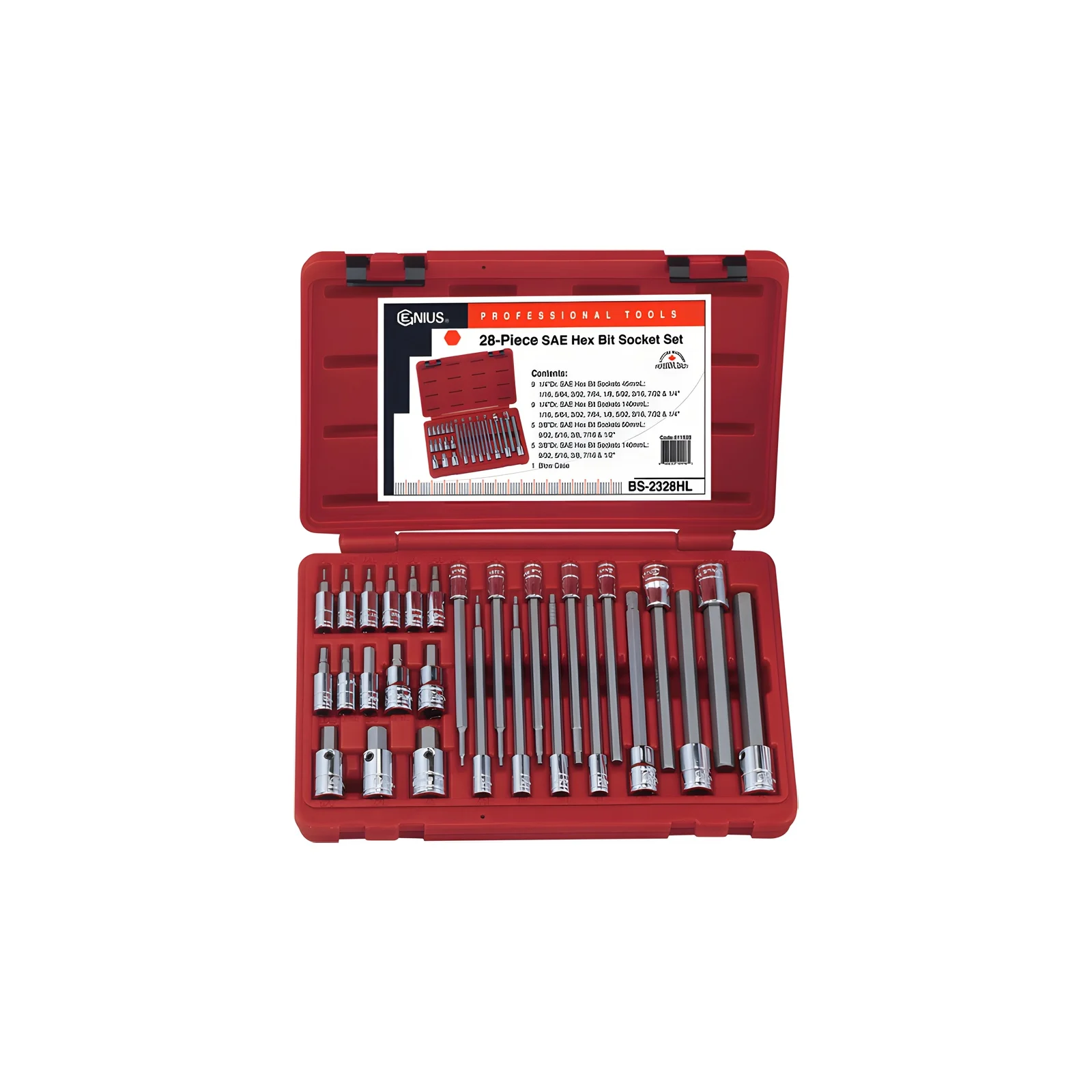 Genius BS-2328HL SAE Hex Socket and Bit Set (28 pieces) 1/4" and 3/8" Dr.