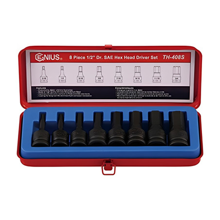 Genius TH-408S SAE Hex Bit Socket Set 1/2" Dr. 8 Pieces