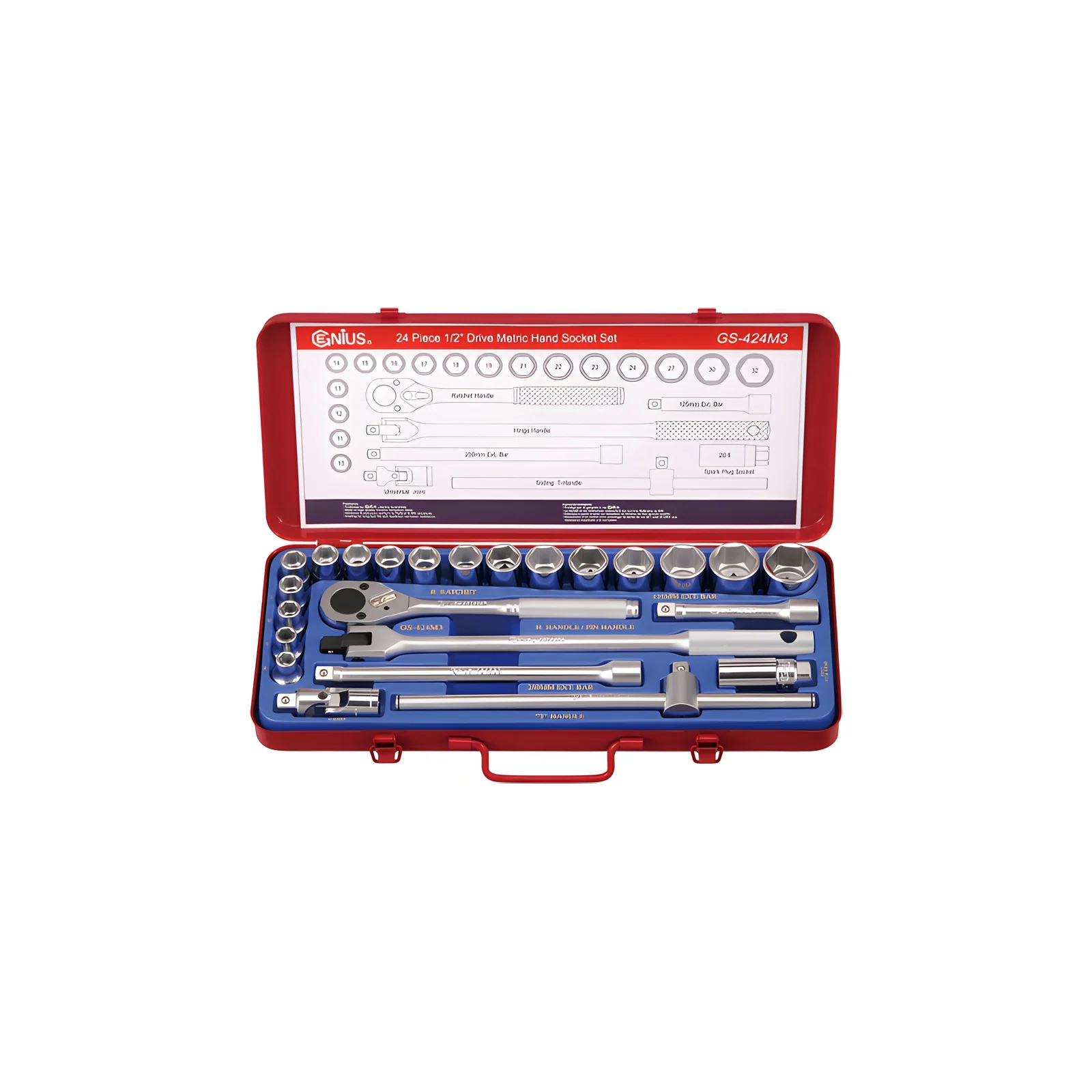 Genius GS-424M3 Metric Socket Set 1/2" Dr. 10mm to 32mm 24 Pieces