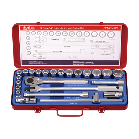 Genius GS-424M3 Metric Socket Set 1/2" Dr. 10mm to 32mm 24 Pieces