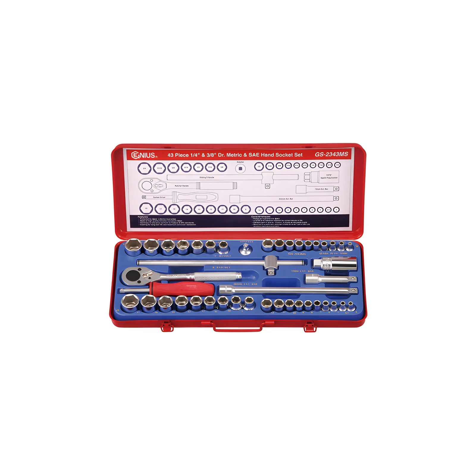 Ensemble de douilles MET et SAE 1/4"et 3/8" (43 pièces) Genius GS-2343MS