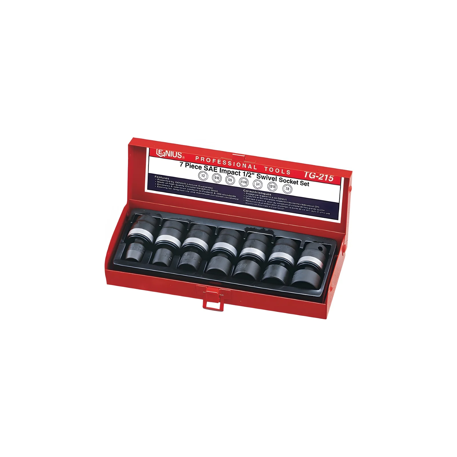 Genius TG-215 SAE swivel impact socket set (7 pieces) 1/2" to 7/8" x 1/2" Dr.