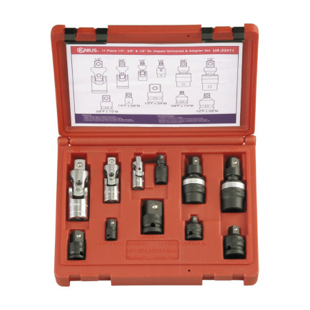 Ensemble de joints universels et d'adaptateurs à chocs 1/2", 3/8" & 1/4" (11 pièces) Genius UA-23411