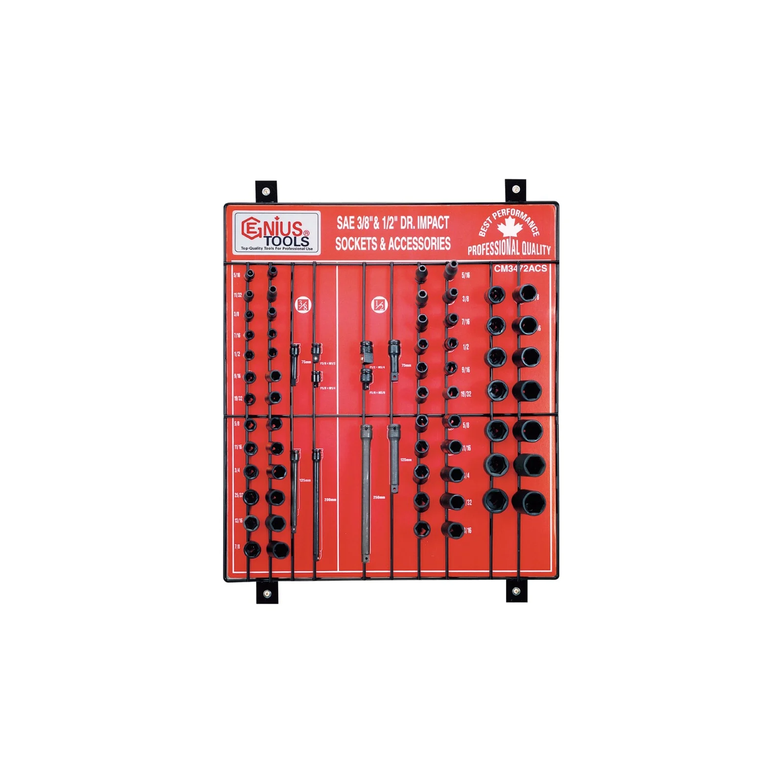Genius CM-3472ACS SAE Impact Socket and Accessory Display board (72 pieces) 3/8" and 1/2" Dr.