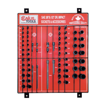 Genius CM-3472ACS SAE Impact Socket and Accessory Display board (72 pieces) 3/8" and 1/2" Dr.
