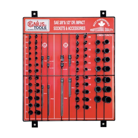Genius CM-3472ACS SAE Impact Socket and Accessory Display board (72 pieces) 3/8" and 1/2" Dr.