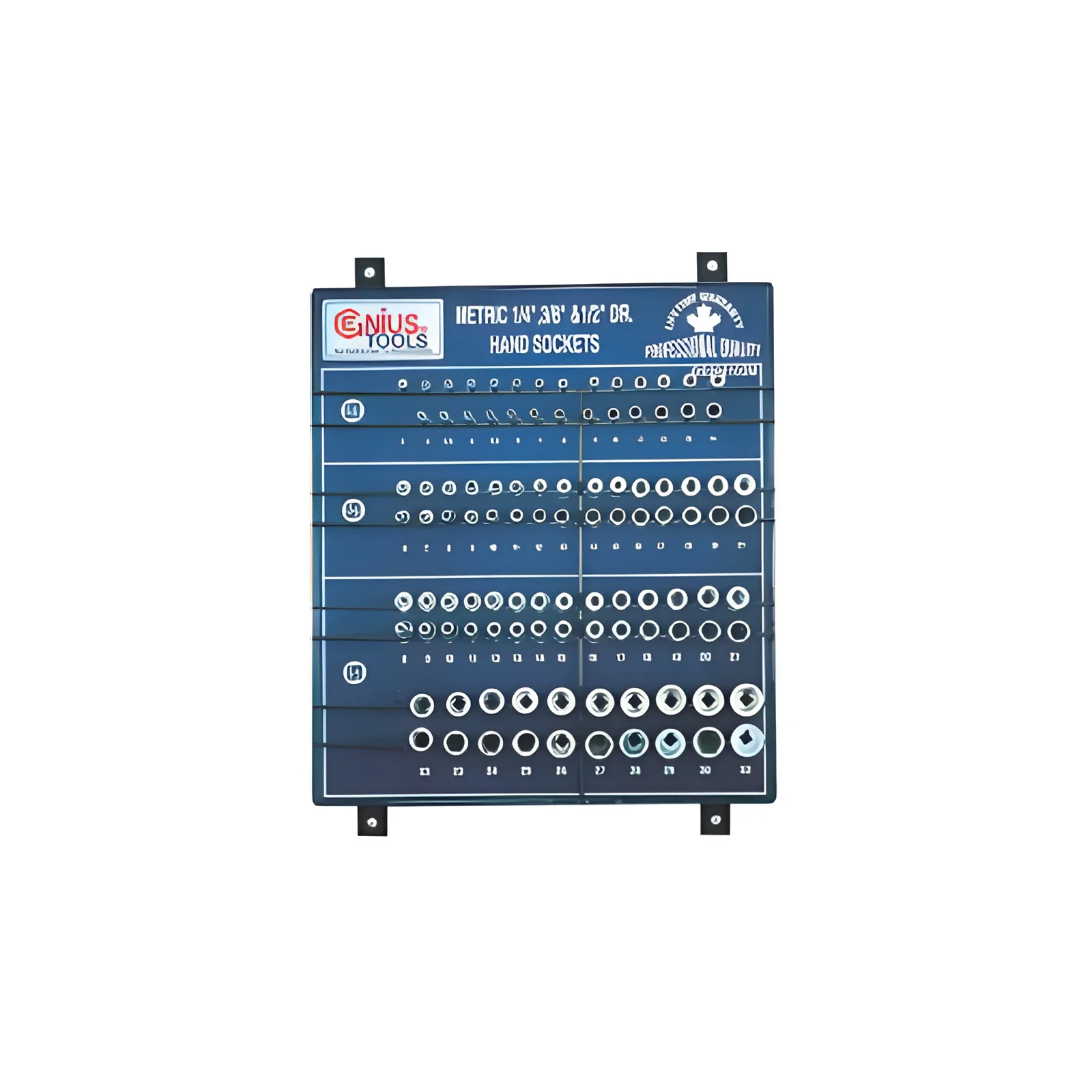 Présentoir de douilles MET à prises 1/4", 3/8", 1/2" (105 pièces) Genius GS-234105M