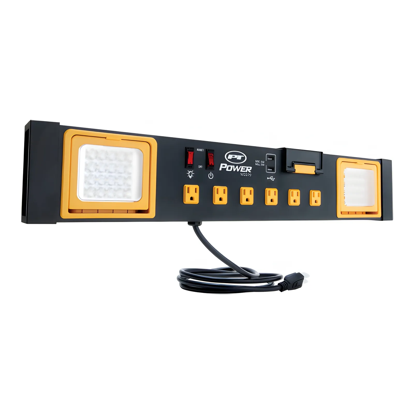 Multi-Outlet Power Strip (120V + USB) with LED Lights and Phone Holder