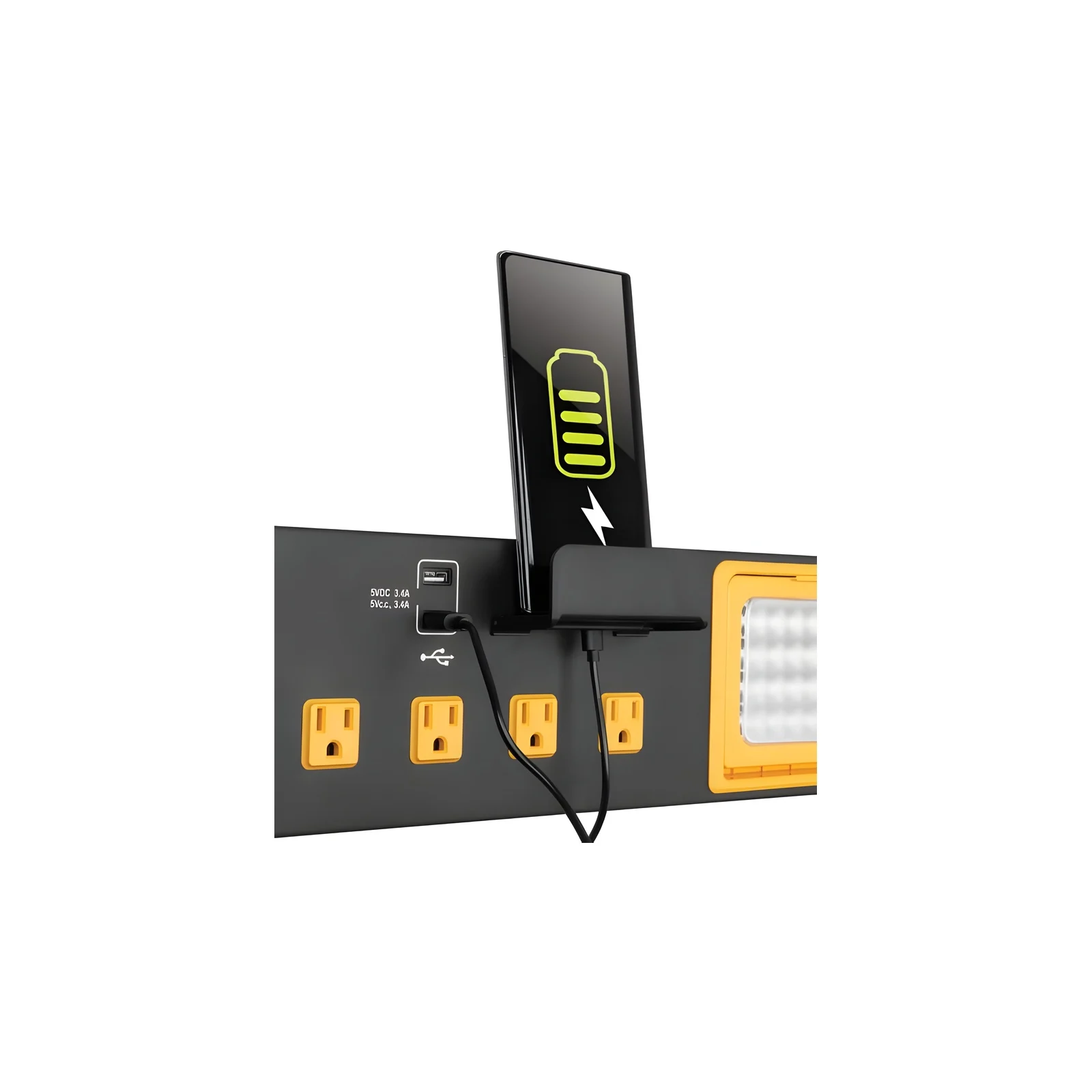 Multi-Outlet Power Strip (120V + USB) with LED Lights and Phone Holder