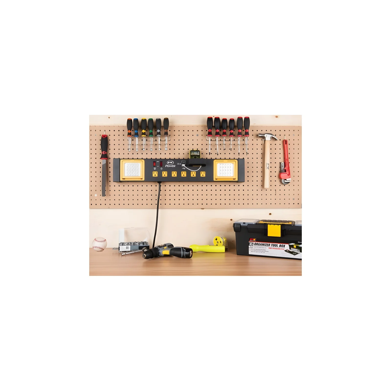 Multi-Outlet Power Strip (120V + USB) with LED Lights and Phone Holder