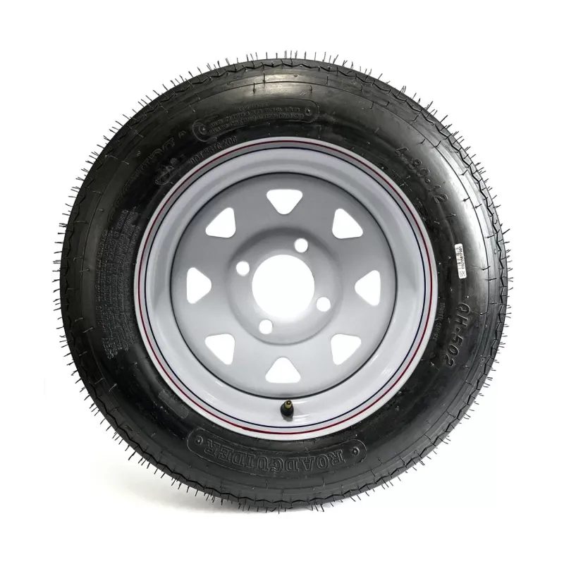 Roadguider 4.80-12 6 Ply Tire on White Rally Rim with 4 Holes