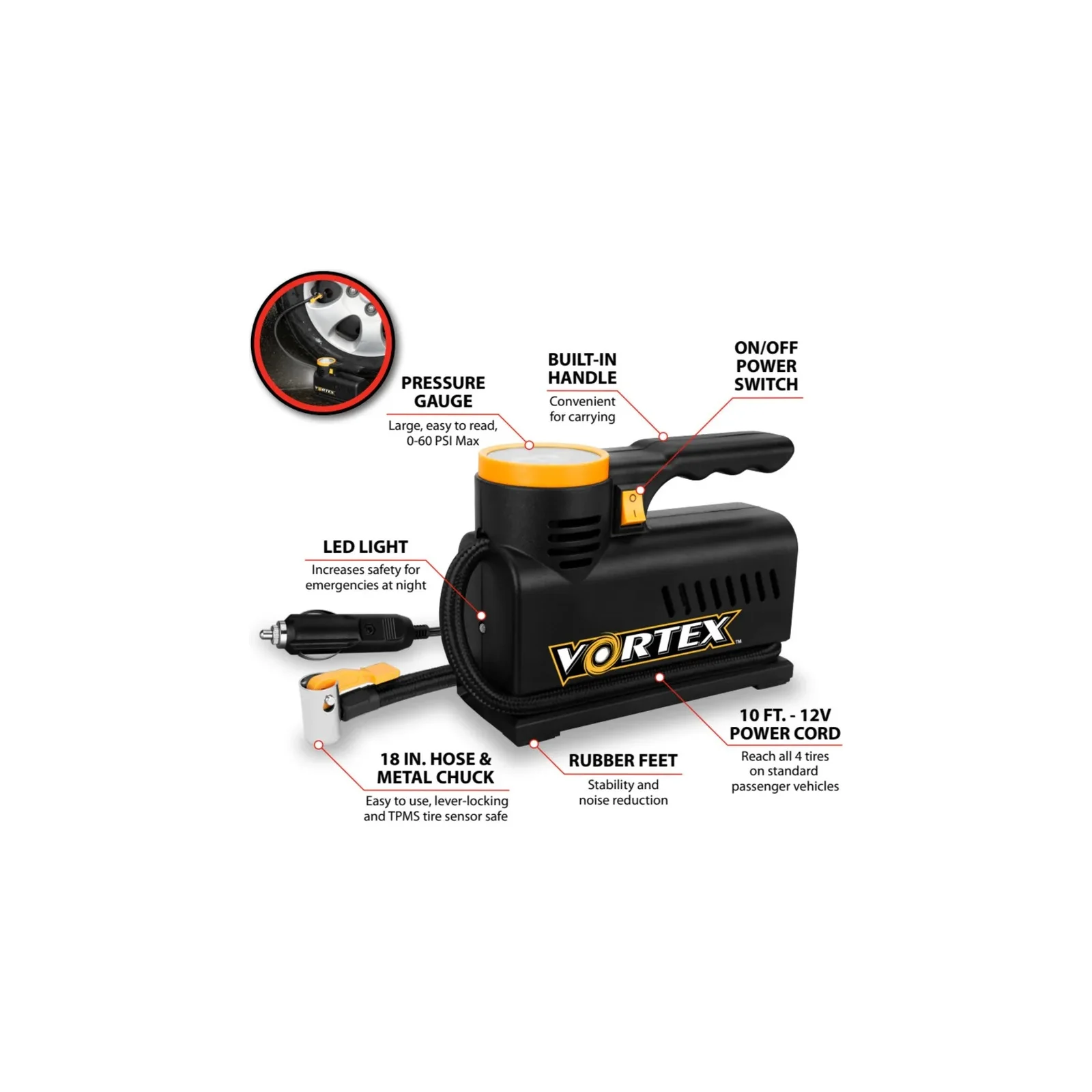 Compact 12V Tire Inflator with LED Light