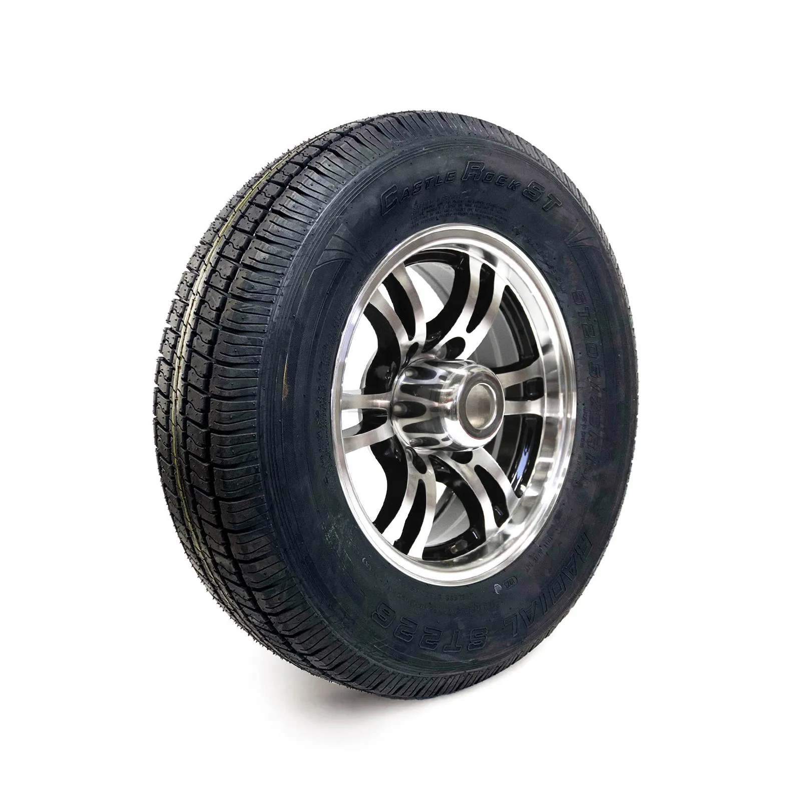 Castle Rock Radial 205/75R15 6 Ply Tire on 6 holes Black Jaguar Alloy Rim